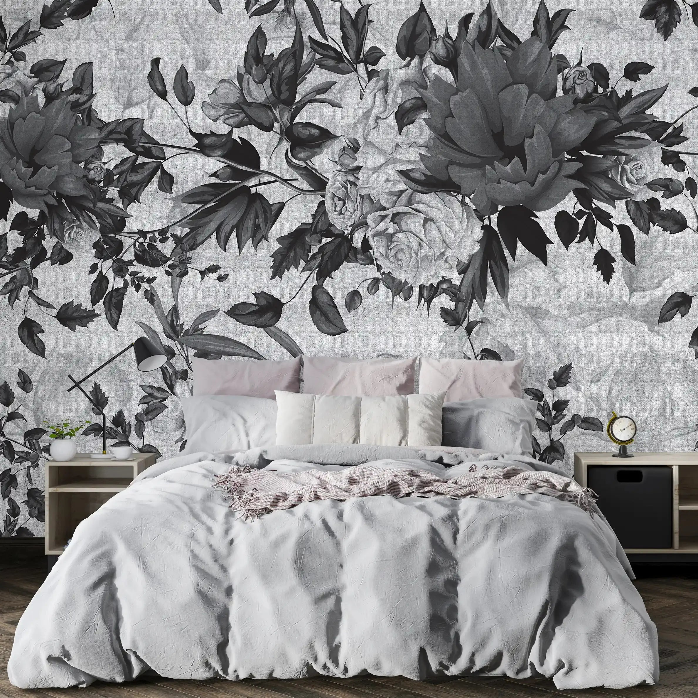 3045-E / Peel and Stick Wallpaper Floral - Large Grey Flowers Design, Adhesive Decorative Paper for Bedroom, Kitchen, and Bathroom - Artevella