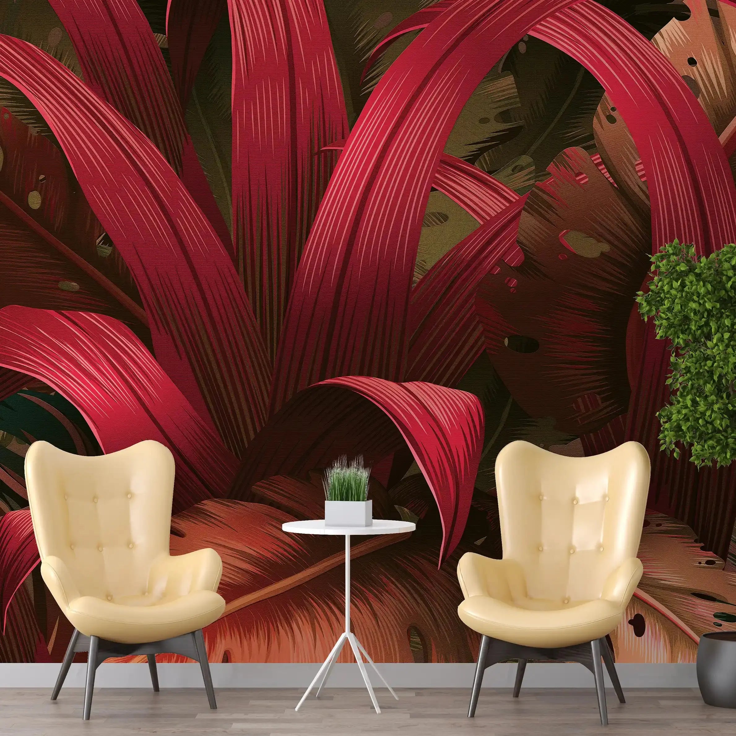 3049-D / Red Jungle Peel and Stick Mural - Temporary Wallpaper, Tropical Rainforest, Easy Install Wallpaper for Wall Decor, DIY Decor, and Room Decor - Artevella