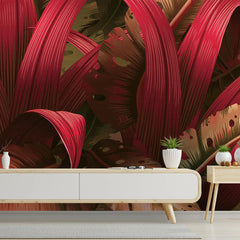 3049-D / Red Jungle Peel and Stick Mural - Temporary Wallpaper, Tropical Rainforest, Easy Install Wallpaper for Wall Decor, DIY Decor, and Room Decor - Artevella