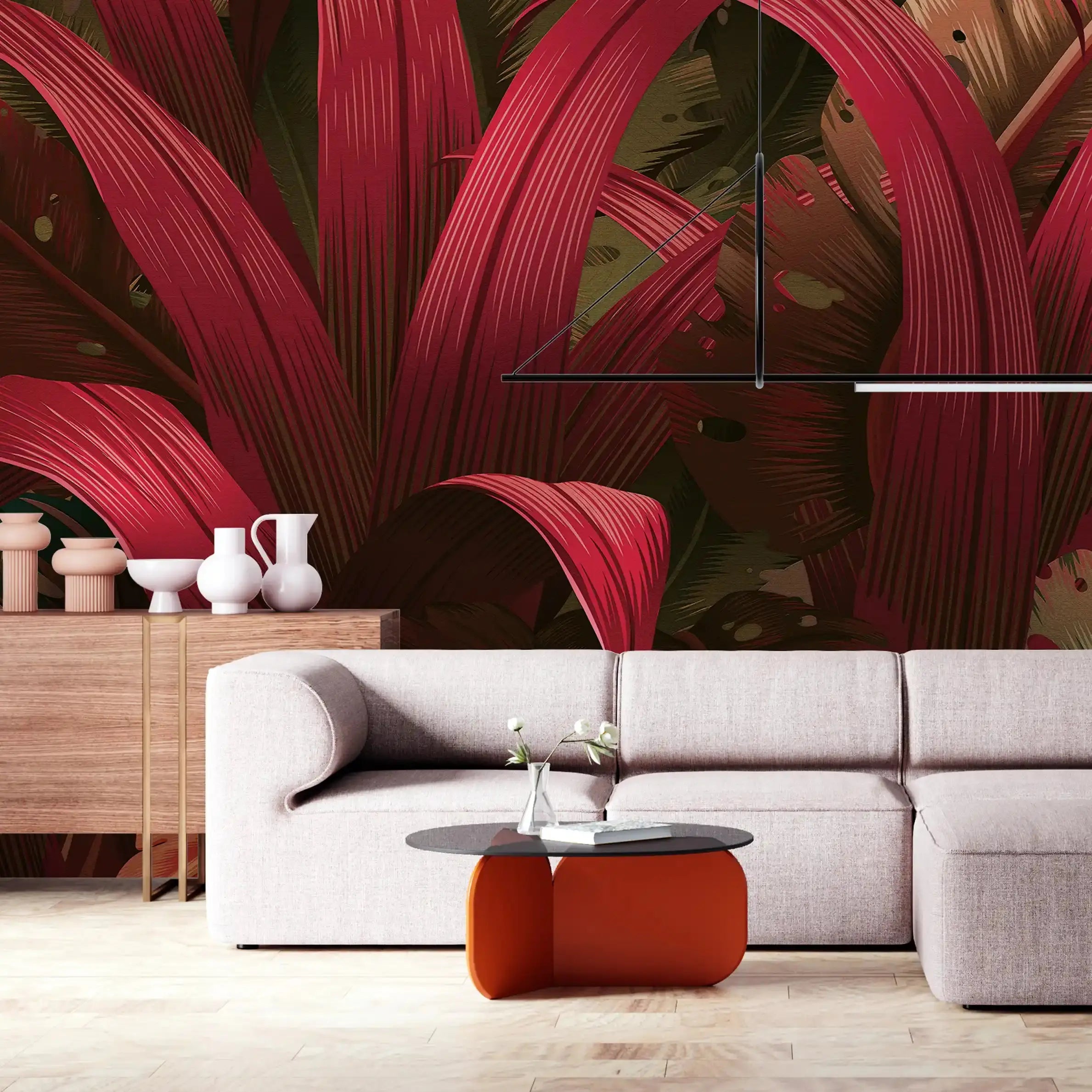 3049-D / Red Jungle Peel and Stick Mural - Temporary Wallpaper, Tropical Rainforest, Easy Install Wallpaper for Wall Decor, DIY Decor, and Room Decor - Artevella
