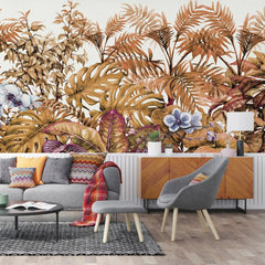 3052-B / Botanical Peel and Stick Wallpaper - Tropical, Brown Watercolor Plant Design, Easy Install, Removable Wallpaper for Bathroom & Bedroom Decor - Artevella
