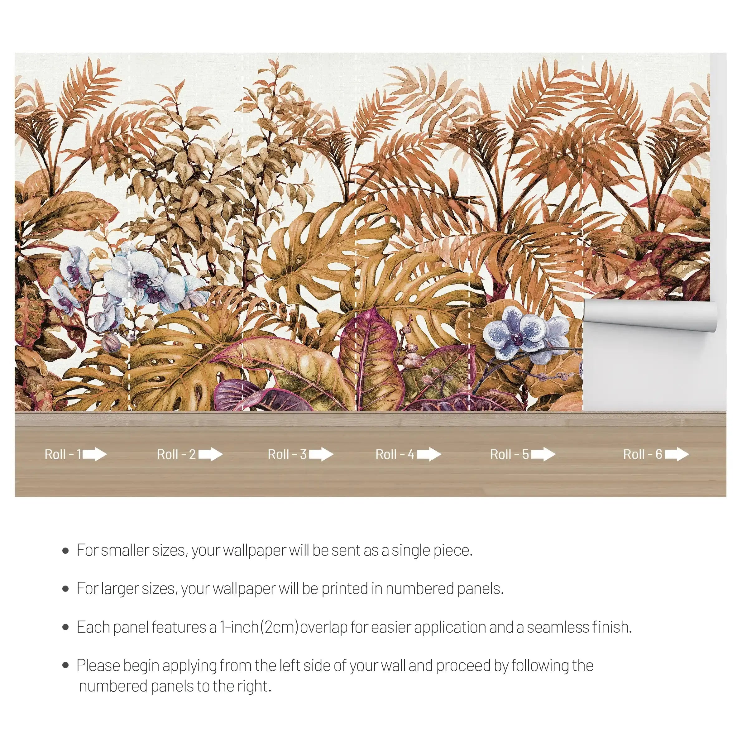 3052-B / Botanical Peel and Stick Wallpaper - Tropical, Brown Watercolor Plant Design, Easy Install, Removable Wallpaper for Bathroom & Bedroom Decor - Artevella