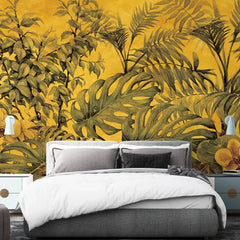 3052-C / Botanical Peel and Stick Wallpaper - Tropical, Yellow and Green Watercolor Plant Design, Easy Install, Removable Wallpaper for Bathroom & Bedroom Decor - Artevella