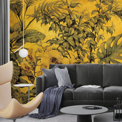3052-C / Botanical Peel and Stick Wallpaper - Tropical, Yellow and Green Watercolor Plant Design, Easy Install, Removable Wallpaper for Bathroom & Bedroom Decor - Artevella