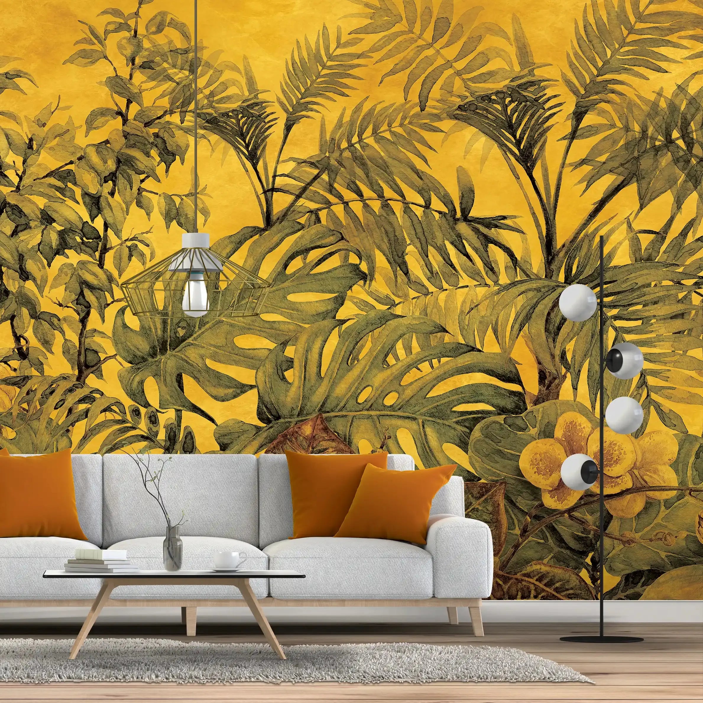 3052-C / Botanical Peel and Stick Wallpaper - Tropical, Yellow and Green Watercolor Plant Design, Easy Install, Removable Wallpaper for Bathroom & Bedroom Decor - Artevella