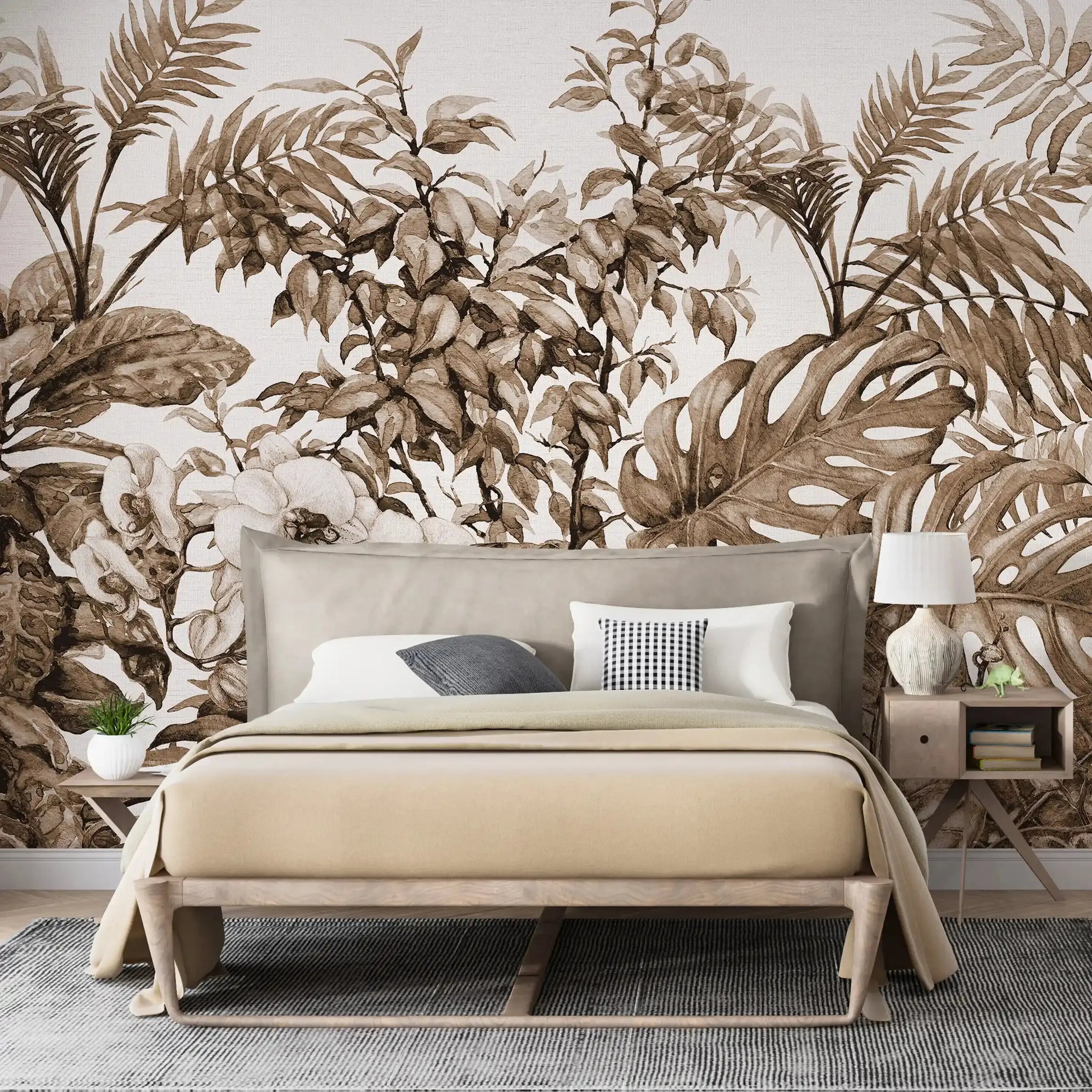 3052-D / Botanical Peel and Stick Wallpaper - Tropical, Brown Watercolor Plant Design, Easy Install, Removable Wallpaper for Bathroom & Bedroom Decor - Artevella