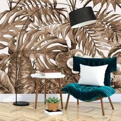 3052-D / Botanical Peel and Stick Wallpaper - Tropical, Brown Watercolor Plant Design, Easy Install, Removable Wallpaper for Bathroom & Bedroom Decor - Artevella