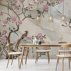 3055-B / Removable Wallpaper Peel and Stick - Chinese Painting, Vintage Floral Mural, Birds Natural Design, Easy Install, Boho Style - Artevella