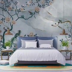 3055-C / Removable Wallpaper Peel and Stick - Chinese Painting, Vintage Floral Mural, Birds Natural Design, Easy Install, Boho Style - Artevella