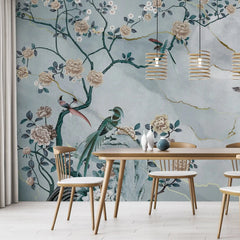 3055-C / Removable Wallpaper Peel and Stick - Chinese Painting, Vintage Floral Mural, Birds Natural Design, Easy Install, Boho Style - Artevella