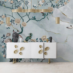 3055-C / Removable Wallpaper Peel and Stick - Chinese Painting, Vintage Floral Mural, Birds Natural Design, Easy Install, Boho Style - Artevella