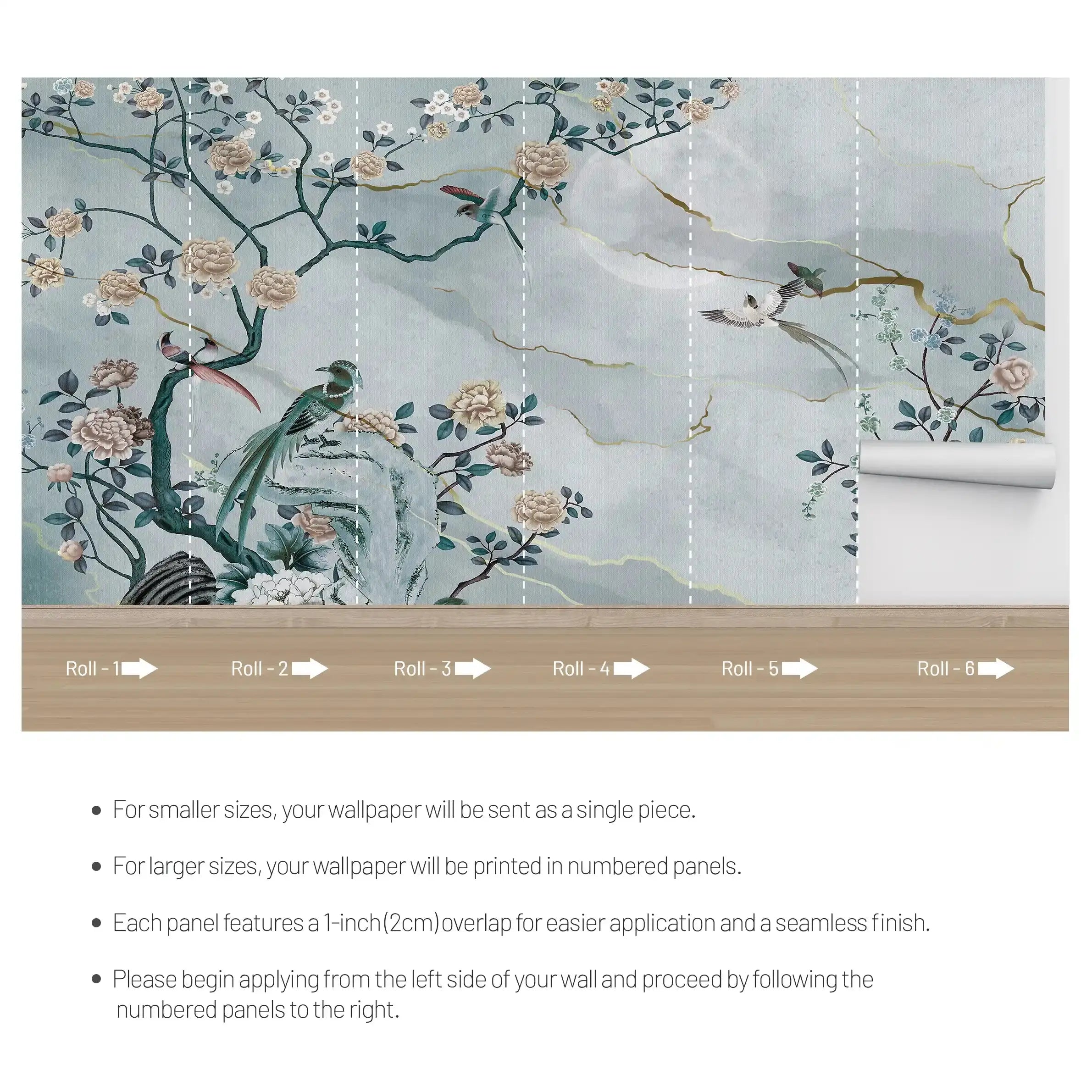 3055-C / Removable Wallpaper Peel and Stick - Chinese Painting, Vintage Floral Mural, Birds Natural Design, Easy Install, Boho Style - Artevella