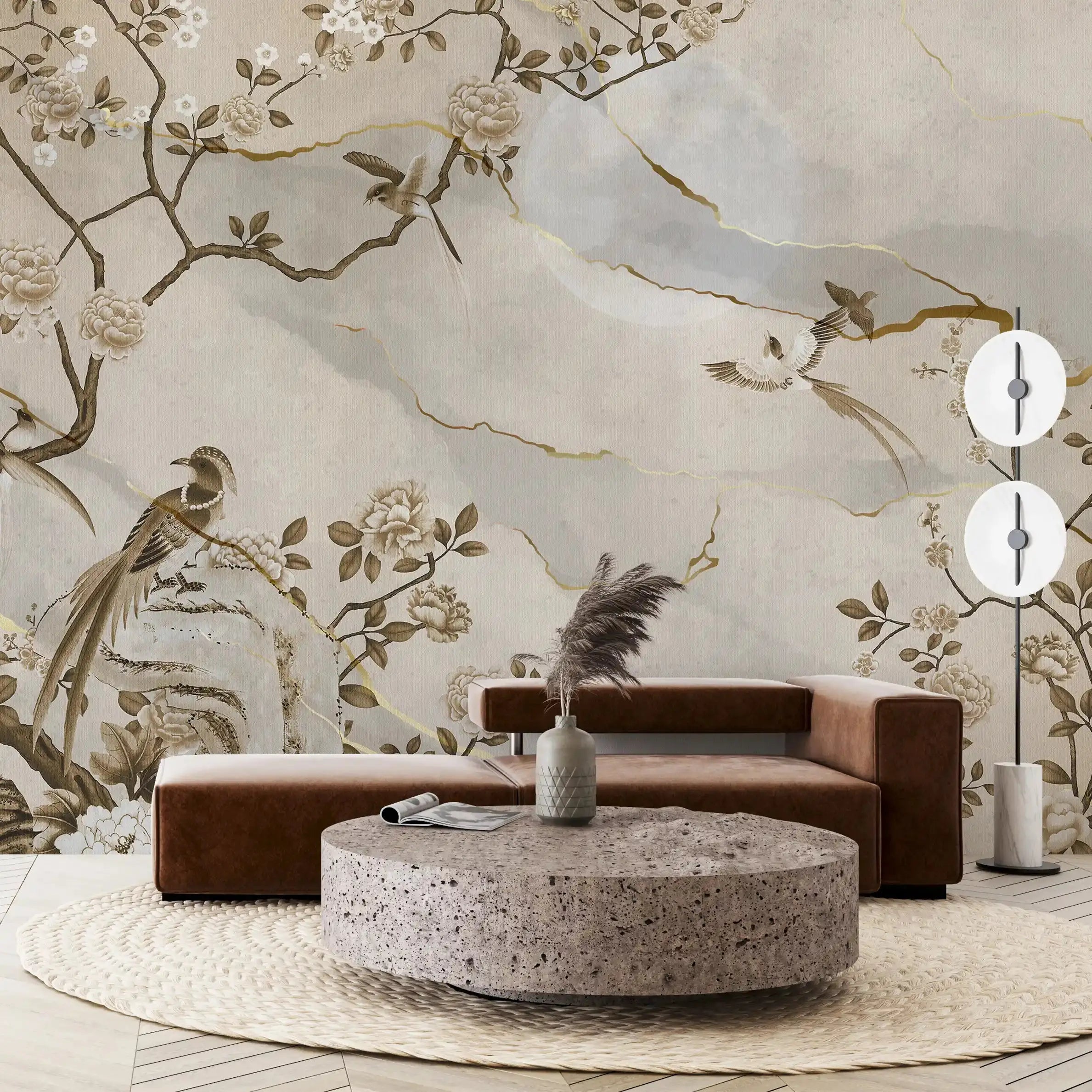 3055-D / Removable Wallpaper Peel and Stick - Chinese Painting, Vintage Floral Mural, Birds Natural Design, Easy Install, Boho Style - Artevella