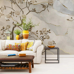 3055-D / Removable Wallpaper Peel and Stick - Chinese Painting, Vintage Floral Mural, Birds Natural Design, Easy Install, Boho Style - Artevella