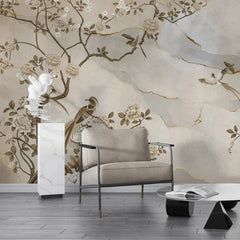 3055-D / Removable Wallpaper Peel and Stick - Chinese Painting, Vintage Floral Mural, Birds Natural Design, Easy Install, Boho Style - Artevella