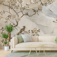 3055-D / Removable Wallpaper Peel and Stick - Chinese Painting, Vintage Floral Mural, Birds Natural Design, Easy Install, Boho Style - Artevella