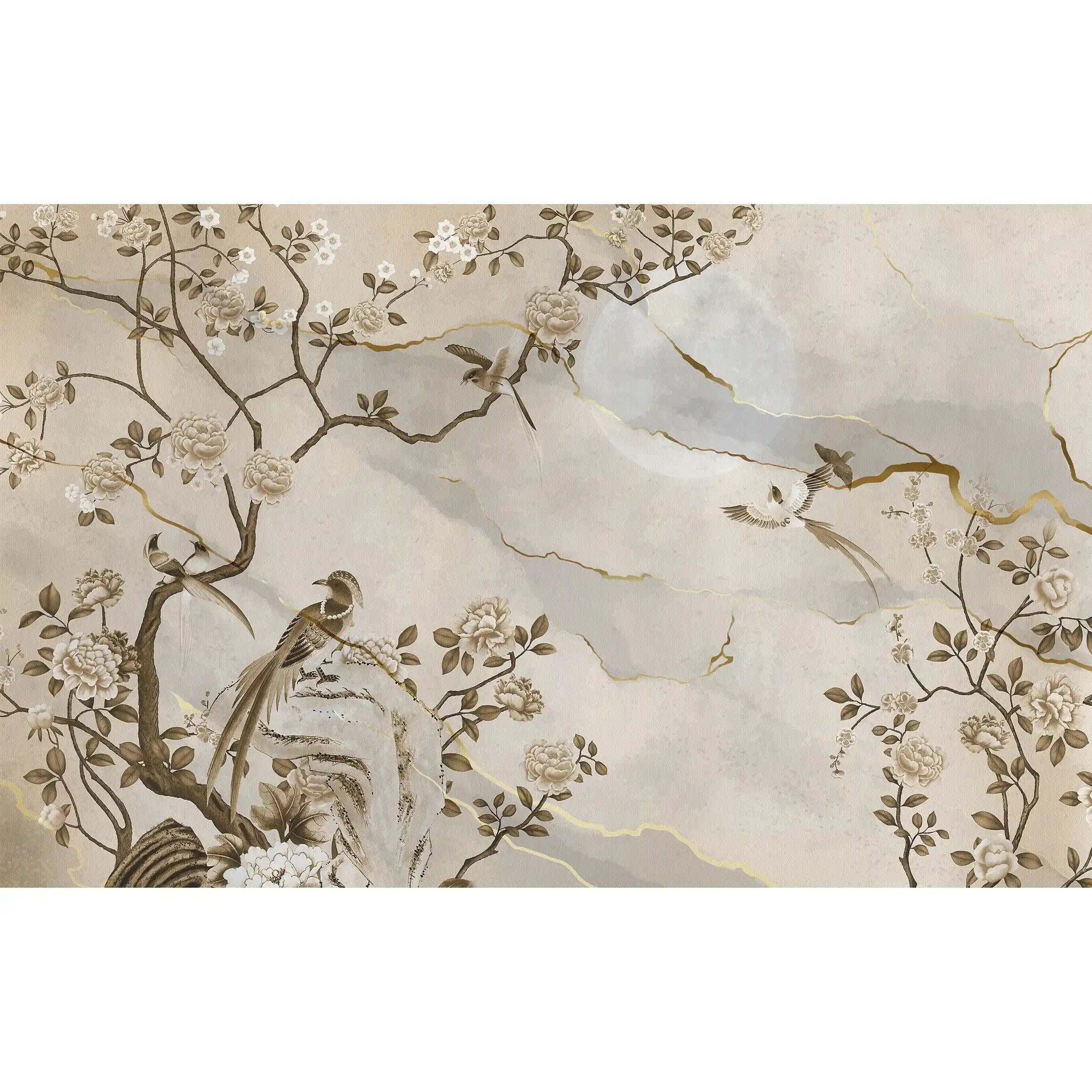 3055-D / Removable Wallpaper Peel and Stick - Chinese Painting, Vintage Floral Mural, Birds Natural Design, Easy Install, Boho Style - Artevella