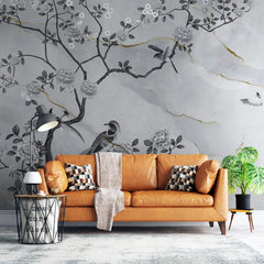 3055-E / Removable Wallpaper Peel and Stick - Chinese Painting, Vintage Floral Mural, Birds Natural Design, Easy Install, Boho Style - Artevella