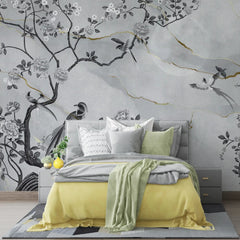 3055-E / Removable Wallpaper Peel and Stick - Chinese Painting, Vintage Floral Mural, Birds Natural Design, Easy Install, Boho Style - Artevella