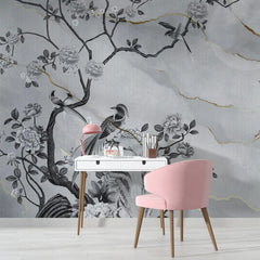 3055-E / Removable Wallpaper Peel and Stick - Chinese Painting, Vintage Floral Mural, Birds Natural Design, Easy Install, Boho Style - Artevella
