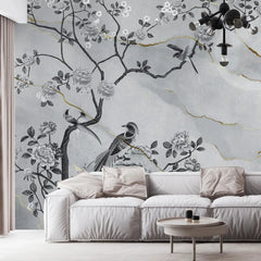 3055-E / Removable Wallpaper Peel and Stick - Chinese Painting, Vintage Floral Mural, Birds Natural Design, Easy Install, Boho Style - Artevella