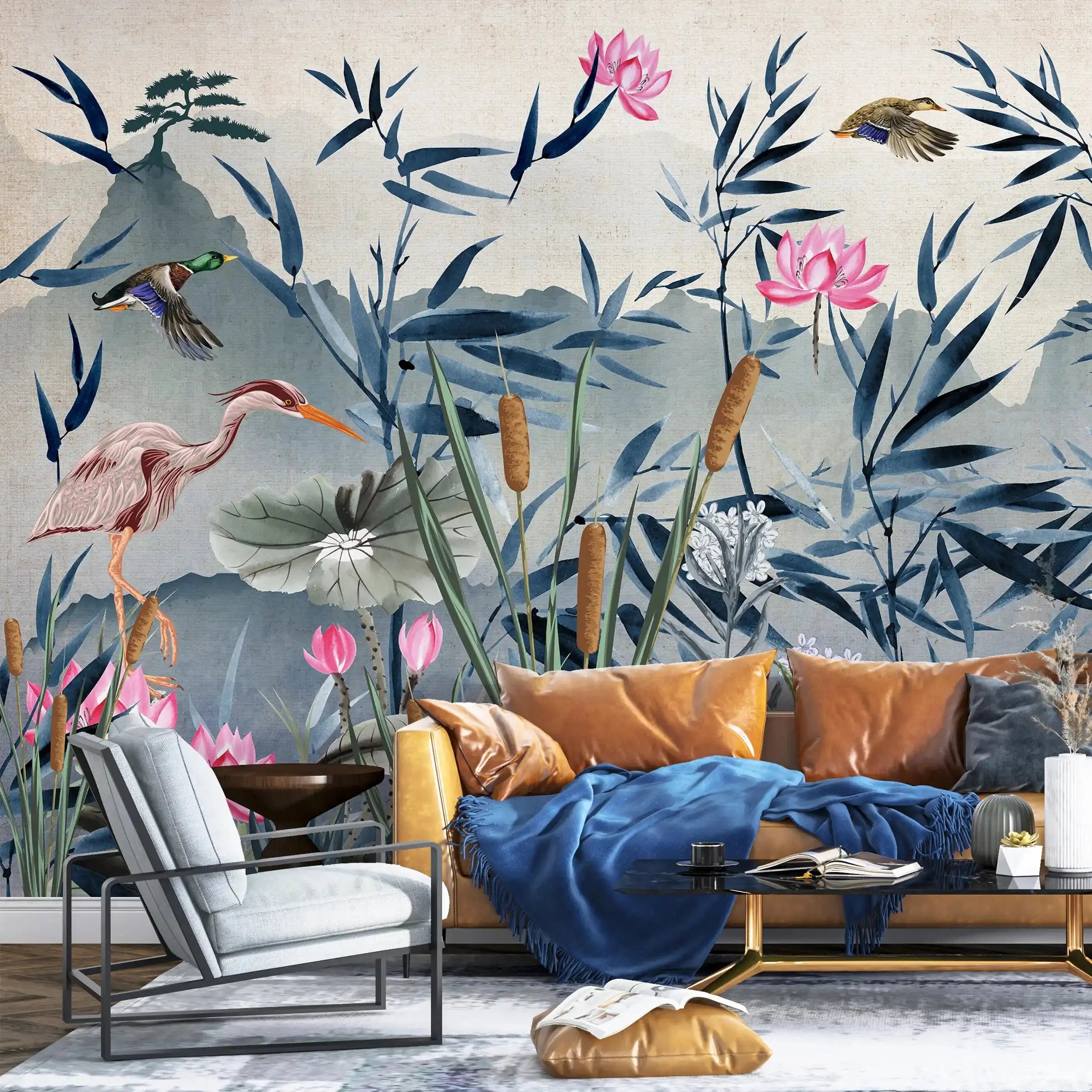 3057-A / Removable Wallpaper Peel and Stick - Watercolor Birds and Flowers, Oriental Painting Inspired, Easy Install, Wall Decor - Artevella