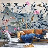 3057-A / Removable Wallpaper Peel and Stick - Watercolor Birds and Flowers, Oriental Painting Inspired, Easy Install, Wall Decor - Artevella
