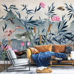 3057-A / Removable Wallpaper Peel and Stick - Watercolor Birds and Flowers, Oriental Painting Inspired, Easy Install, Wall Decor - Artevella