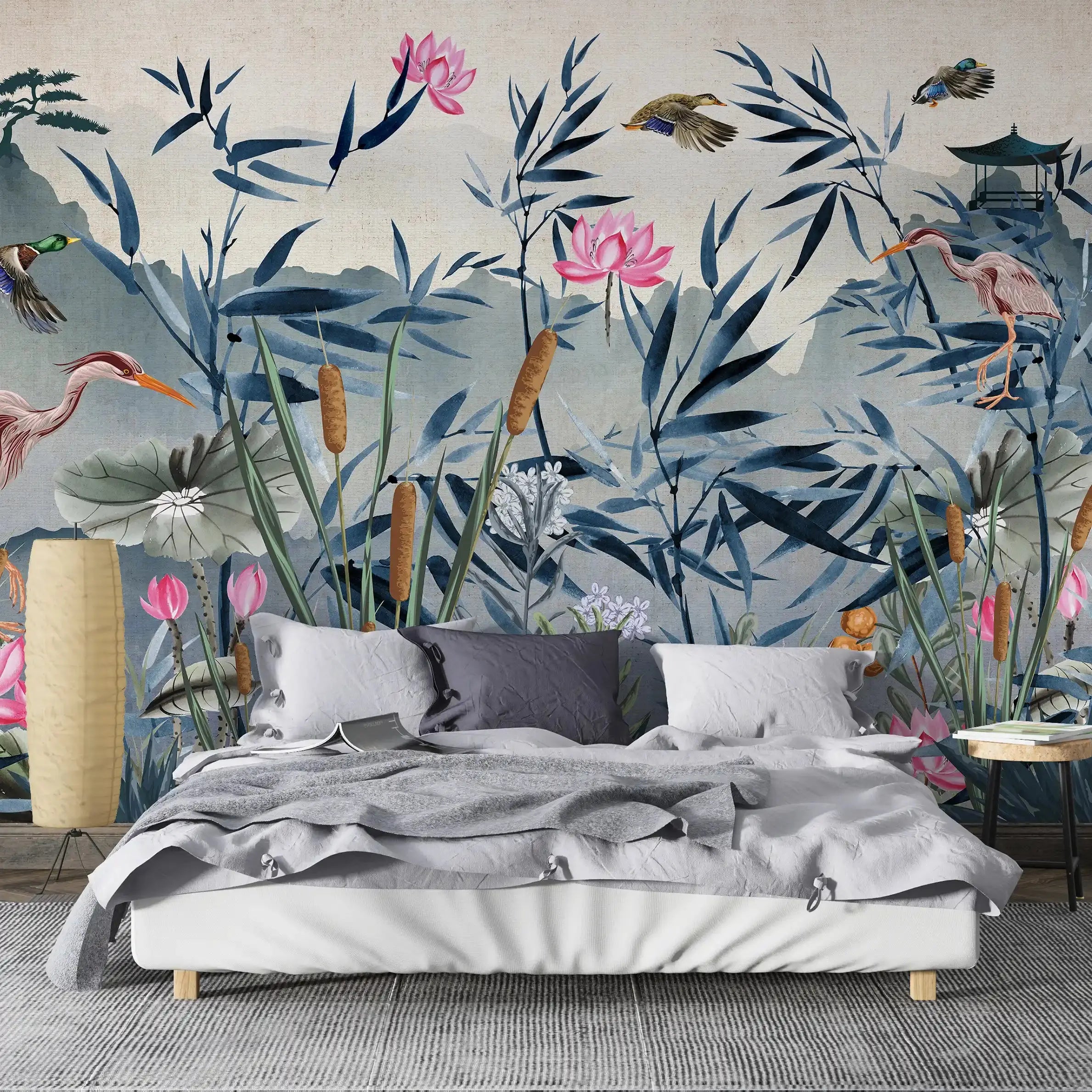 3057-A / Removable Wallpaper Peel and Stick - Watercolor Birds and Flowers, Oriental Painting Inspired, Easy Install, Wall Decor - Artevella