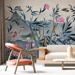 3057-A / Removable Wallpaper Peel and Stick - Watercolor Birds and Flowers, Oriental Painting Inspired, Easy Install, Wall Decor - Artevella