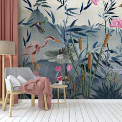 3057-A / Removable Wallpaper Peel and Stick - Watercolor Birds and Flowers, Oriental Painting Inspired, Easy Install, Wall Decor - Artevella