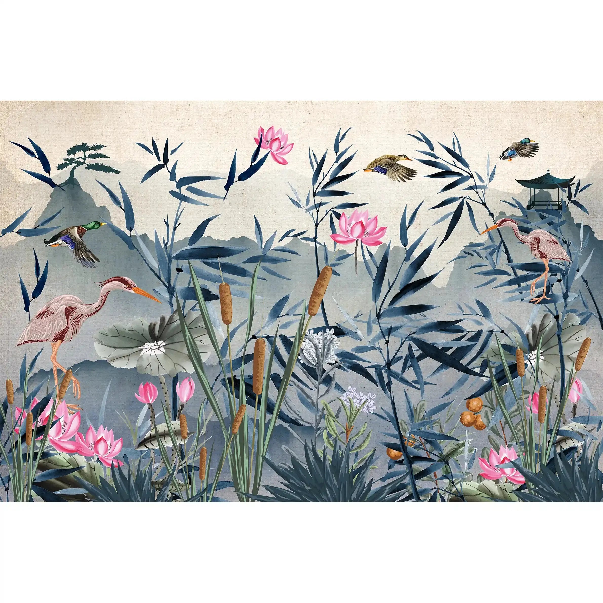 3057-A / Removable Wallpaper Peel and Stick - Watercolor Birds and Flowers, Oriental Painting Inspired, Easy Install, Wall Decor - Artevella