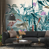 3057-B / Removable Wallpaper Peel and Stick - Watercolor Birds and Flowers, Oriental Painting Inspired, Easy Install, Wall Decor - Artevella