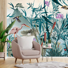 3057-B / Removable Wallpaper Peel and Stick - Watercolor Birds and Flowers, Oriental Painting Inspired, Easy Install, Wall Decor - Artevella