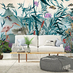 3057-B / Removable Wallpaper Peel and Stick - Watercolor Birds and Flowers, Oriental Painting Inspired, Easy Install, Wall Decor - Artevella