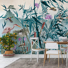 3057-B / Removable Wallpaper Peel and Stick - Watercolor Birds and Flowers, Oriental Painting Inspired, Easy Install, Wall Decor - Artevella