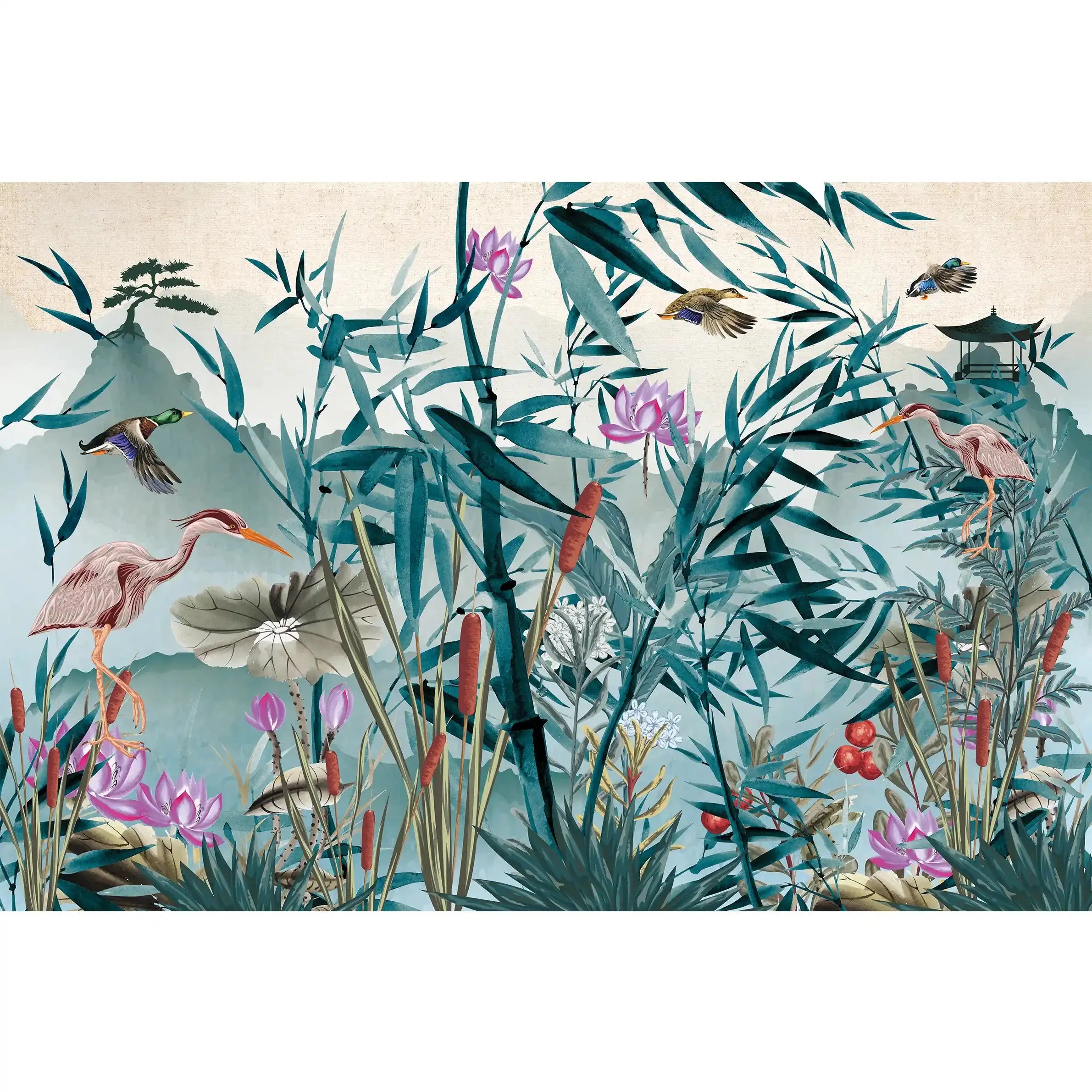 3057-B / Removable Wallpaper Peel and Stick - Watercolor Birds and Flowers, Oriental Painting Inspired, Easy Install, Wall Decor - Artevella