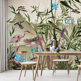 3057-C / Removable Wallpaper Peel and Stick - Watercolor Birds and Flowers, Oriental Painting Inspired, Easy Install, Wall Decor - Artevella