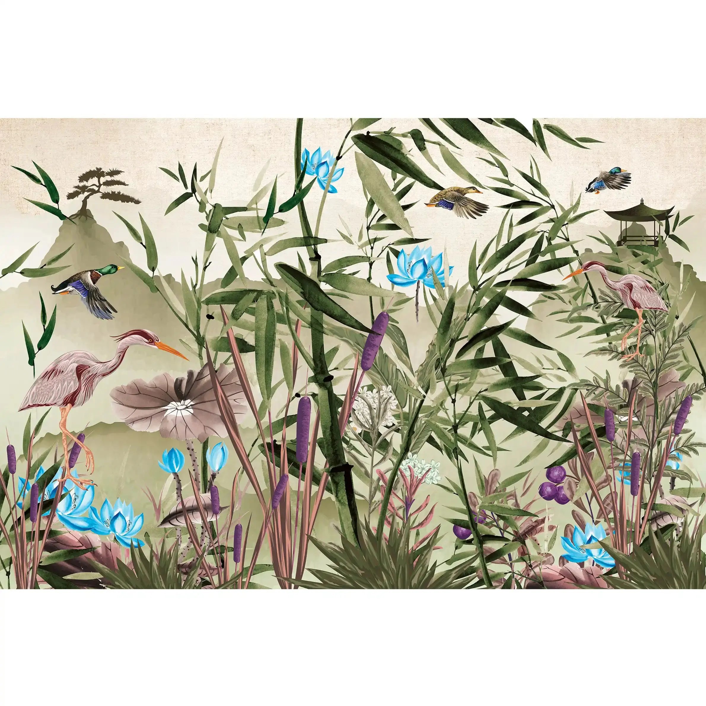 3057-C / Removable Wallpaper Peel and Stick - Watercolor Birds and Flowers, Oriental Painting Inspired, Easy Install, Wall Decor - Artevella