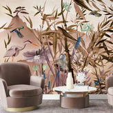 3057-D / Removable Wallpaper Peel and Stick - Watercolor Birds and Flowers, Oriental Painting Inspired, Easy Install, Wall Decor - Artevella