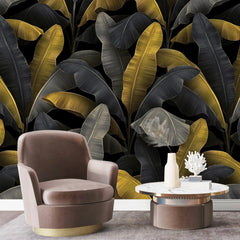 3062-A / Botanical Peelable Stickable Wallpaper with Gold Banana Leaves - Self-Adhesive, Removable Wallpaper for Walls, Boho Decor - Artevella