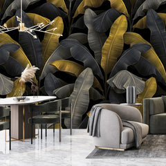 3062-A / Botanical Peelable Stickable Wallpaper with Gold Banana Leaves - Self-Adhesive, Removable Wallpaper for Walls, Boho Decor - Artevella