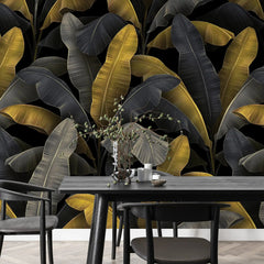 3062-A / Botanical Peelable Stickable Wallpaper with Gold Banana Leaves - Self-Adhesive, Removable Wallpaper for Walls, Boho Decor - Artevella