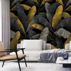 3062-A / Botanical Peelable Stickable Wallpaper with Gold Banana Leaves - Self-Adhesive, Removable Wallpaper for Walls, Boho Decor - Artevella