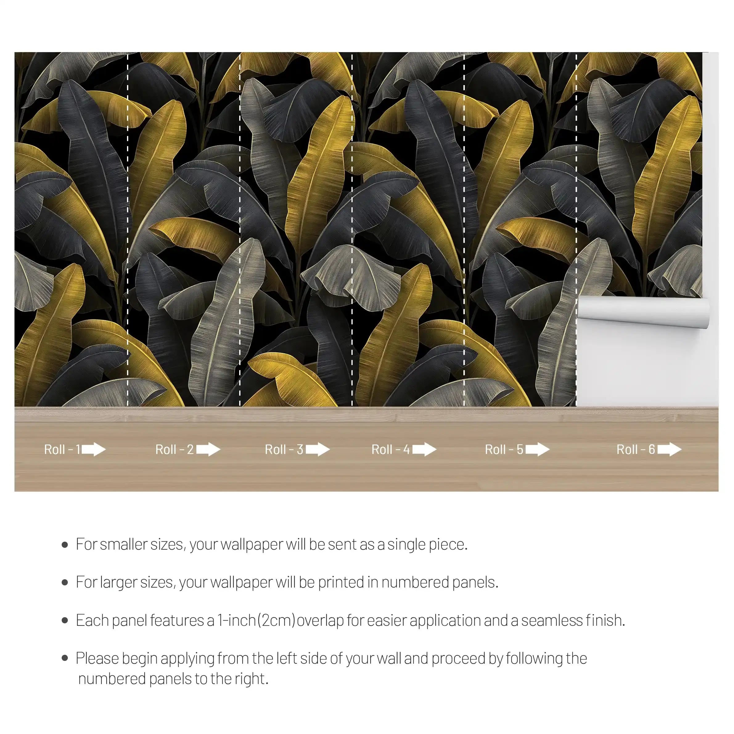 3062-A / Botanical Peelable Stickable Wallpaper with Gold Banana Leaves - Self-Adhesive, Removable Wallpaper for Walls, Boho Decor - Artevella