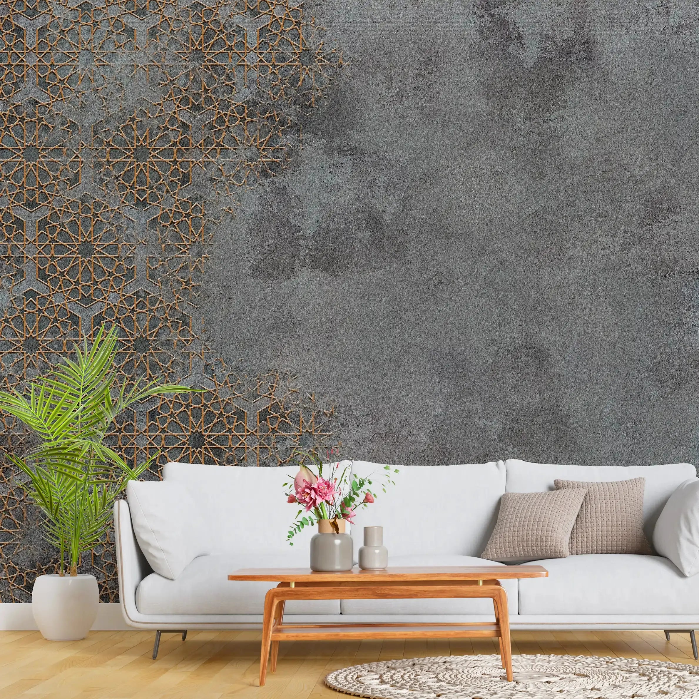 3068-A / Elegant Floral Abstract Peel and Stick Wallpaper with Gold Border - Perfect for Modern Room Deco - Artevella