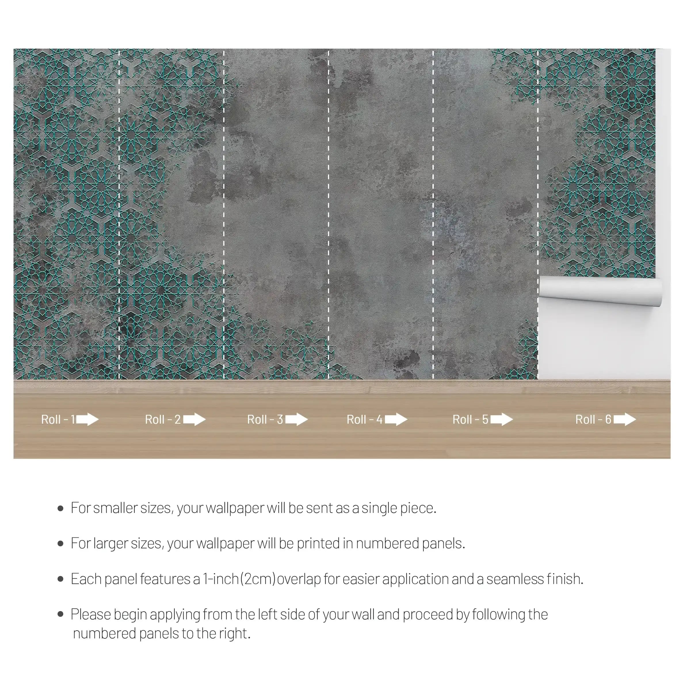 3068-B / Elegant Floral Abstract Peel and Stick Wallpaper with Turquoise Border - Perfect for Modern Room Deco - Artevella