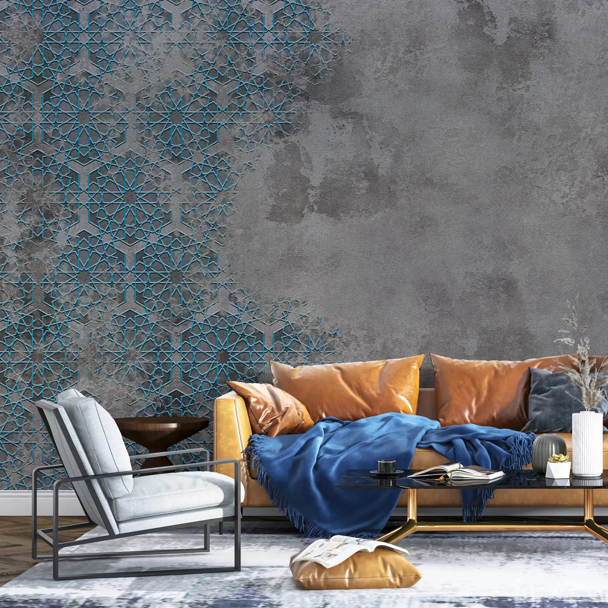 3068-C / Elegant Floral Abstract Peel and Stick Wallpaper with Blue Border - Perfect for Modern Room Deco - Artevella
