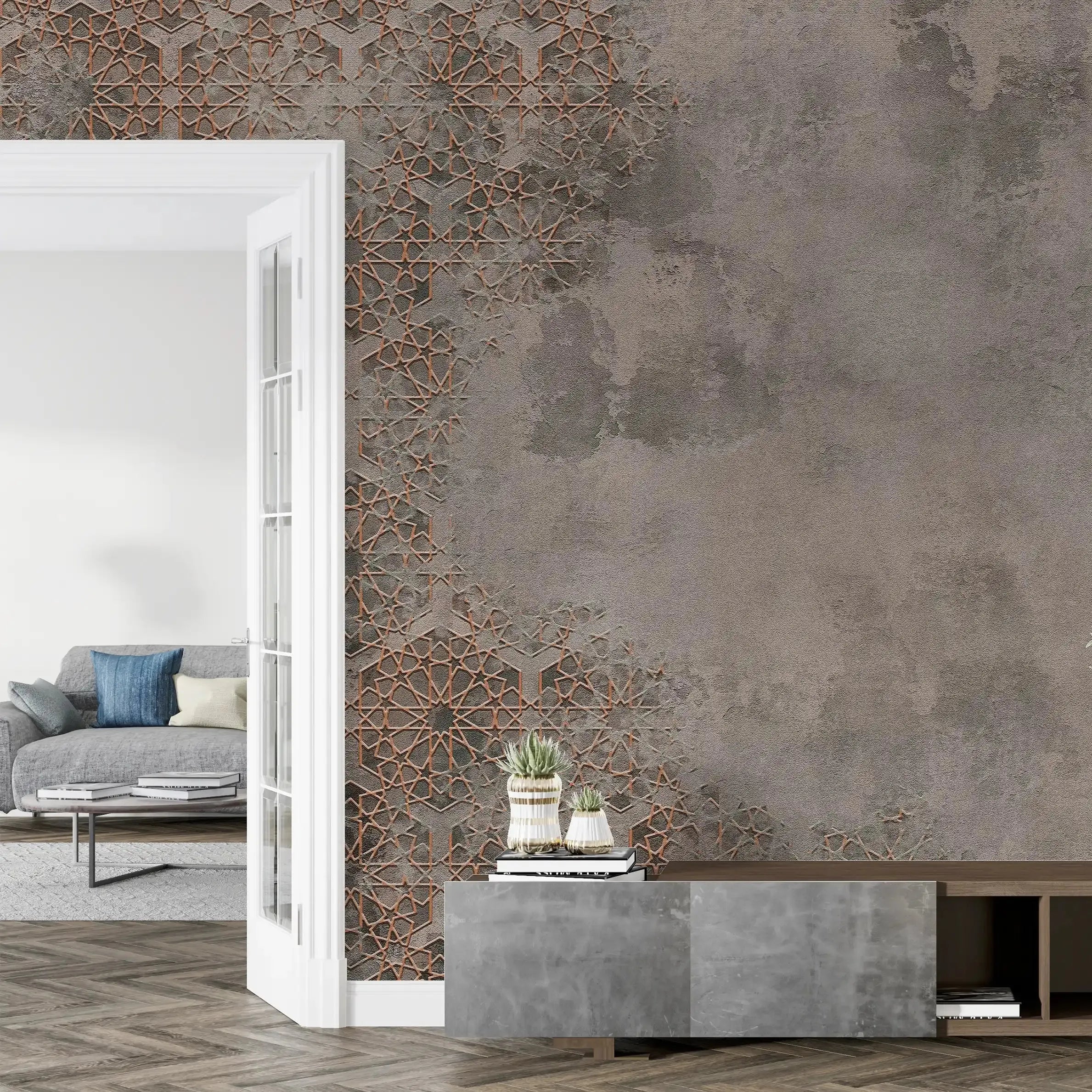 3068-D / Elegant Floral Abstract Peel and Stick Wallpaper with Orange Border - Perfect for Modern Room Deco - Artevella
