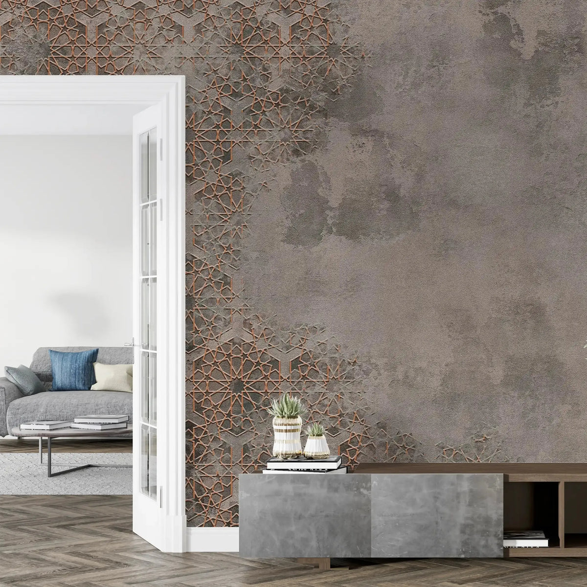 3068-D / Elegant Floral Abstract Peel and Stick Wallpaper with Orange Border - Perfect for Modern Room Deco - Artevella